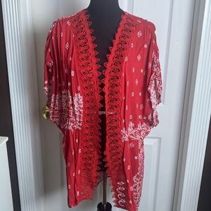 Eyeshadow Red Bandana Print Kimono Cardigan Cover Up sz L/XL NWOT